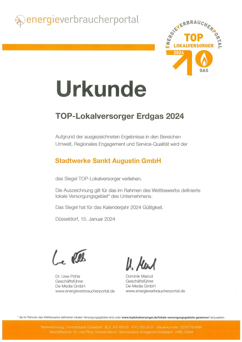 Stadtwerke Sankt Augustin erneut als TOP-Lokalversorger 2024 in den Kategorien Gas, Strom und Wärme ausgezeichnet