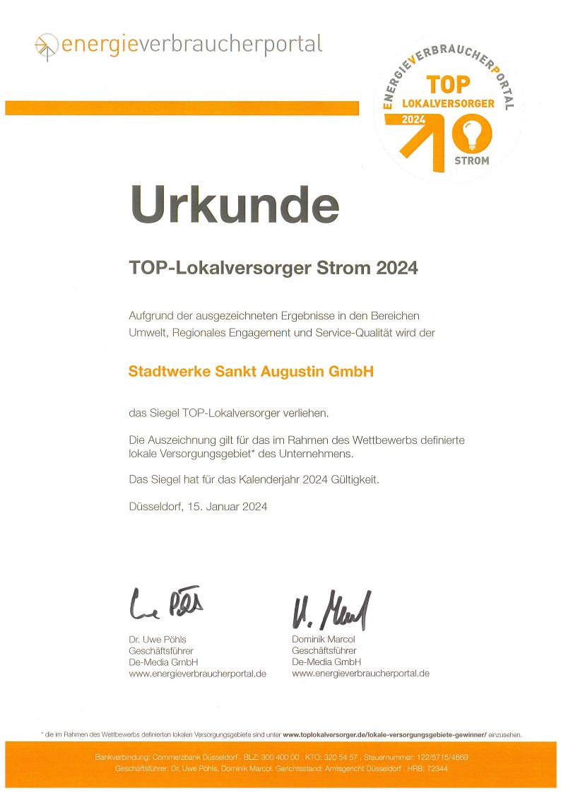 Stadtwerke Sankt Augustin erneut als TOP-Lokalversorger 2024 in den Kategorien Gas, Strom und Wärme ausgezeichnet